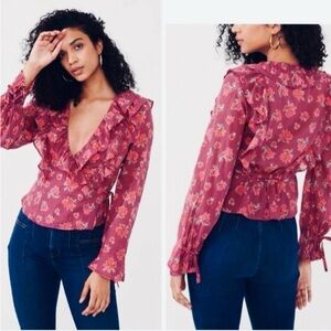 Free People Maroon Red Pink Floral Amanda Ruffle Long Sleeve Wrap Top Size XS